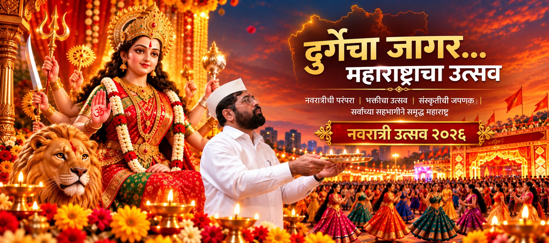 दुर्गेचा जागर... महाराष्ट्राचा उत्सव – देवी दुर्गा, आरती करताना एकनाथ शिंदे आणि नवरात्री उत्सव २०२६ मधील गरबा
