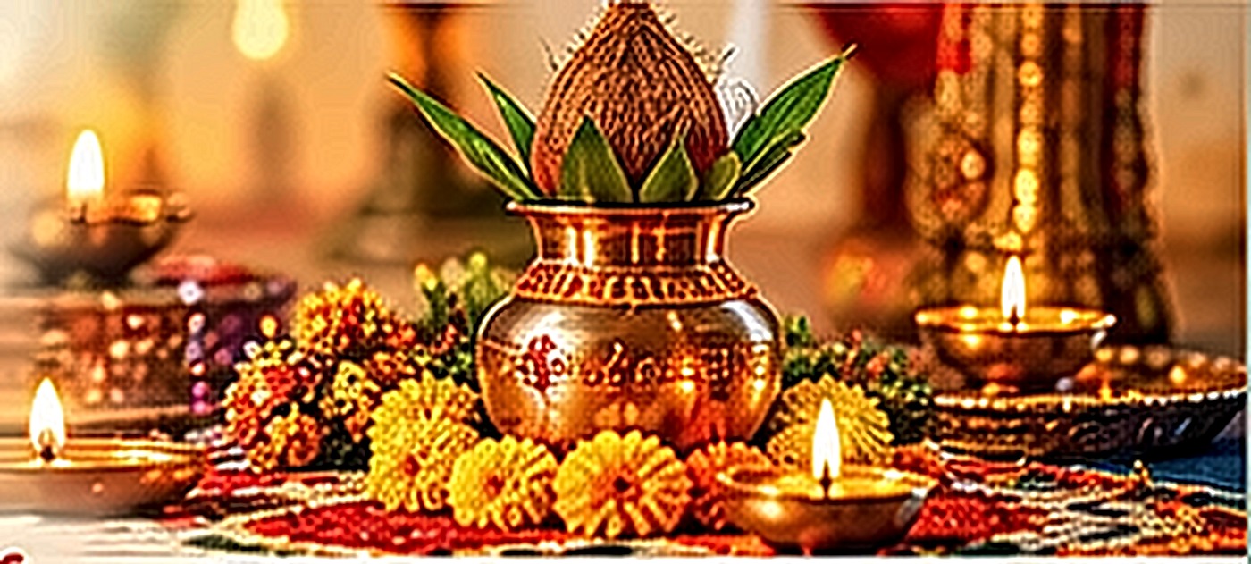 घटस्थापना – तांब्याचा कलश, नारळ, दिवे आणि झेंडूची फुले